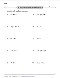 Factoring monic quadratic trinomials worksheet pdf